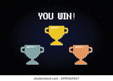 8-Bit-Pixel-Art mit Text "You Win" und einer großen Trophäe auf dem Hintergrund eines Computerspiellevel. Vektorgrafik Pixel Art Illustration