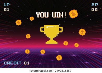 8-bit pixel art with text "You Win" and a big golden cup and gold coin on blue background. retro game. for game assets in vector illustrations.