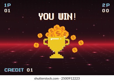 Arte de píxeles de 8 bits con el texto "Usted gana" y una gran taza de oro y moneda de oro sobre fondo rojo. juego retro. para activos de juego en Ilustraciones vectoriales.