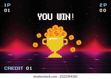 8-bit pixel art with text "You Win" and a big golden cup and gold coin on blue background. retro game. for game assets in vector illustrations.