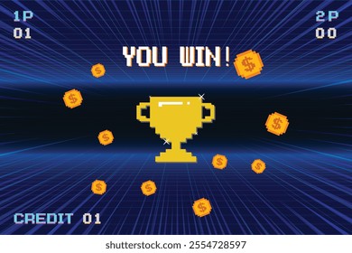 8-bit pixel art with text "You Win" and a big golden cup and gold coin on dark blue background. retro game. for game assets in vector illustrations.