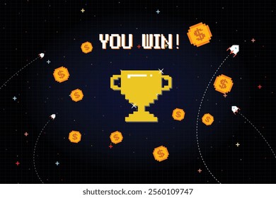 8-bit pixel art with text "You Win" and a big golden cup and gold coin on blue background. retro game. for game assets in vector illustrations.