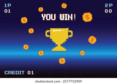 8-bit pixel art with text "You Win" and a big golden cup and gold coin on blue background. retro game. for game assets in vector illustrations.