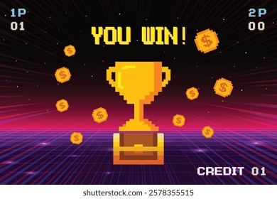 8-bit pixel art with text "You Win" and a big golden cup and treasure chest on dark purple background. retro game. for game assets in vector illustrations.