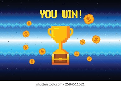 8-bit pixel art with text "You Win" and a big golden cup and gold coin on blue background. retro game. for game assets in vector illustrations.