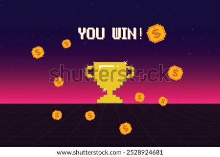 8-bit pixel art with text "You Win" and a big golden cup and gold coin on pink background. retro game. for game assets in vector illustrations.