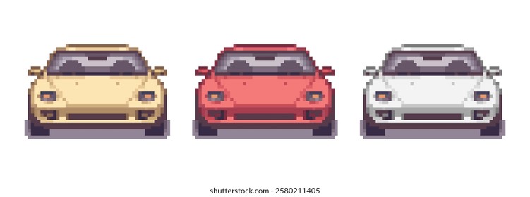 8-bit pixel art of three cars in different colors. front view. isolated on a white background. vector graphic.