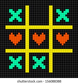 8-bit Pixel Art Tic Tac Toe Game With Kisses and Love Heart Symbols