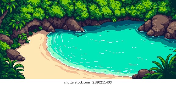 8-bit pixel art tropical beach background. ocean beach game level. white sand and blue water. video game design. vector graphics.