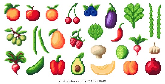 8bit pixel art vegetables and fruits, game asset. Apple, cherries, eggplants, spinach and blueberries, asparagus, grapes or green beans. Mango, strawberries, artichoke and red chili or bell peppers