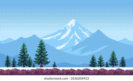 8-bit pixel art winter game level background. snowy mountains landscape. side-scrolling game. vector graphics. pine trees. video game design. 