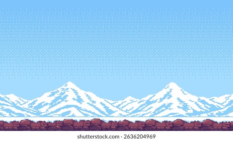 8-bit pixel art winter game level background. snowy mountains. simple and minimalistic. side-scrolling game. vector graphics. 