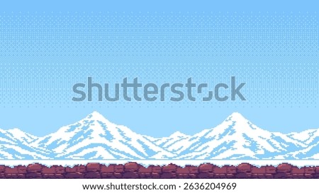 8-bit pixel art winter game level background. snowy mountains. simple and minimalistic. side-scrolling game. vector graphics. 