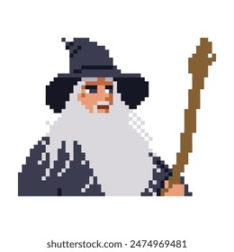 8-bit pixel art wizard magician charmer character holding magic wand, colorful pixelated flat vector illustration