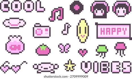 8-bit pixel art y2k aesthetic pink icon and text decoration vector set