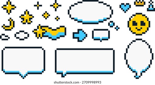 8-bit pixel art yellow and skyblue speech bubble and decoration vector set