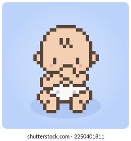 8-bit pixel baby is sitting. Cute baby vector illustration