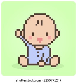 8-bit pixel baby is sitting. Cute baby vector illustration