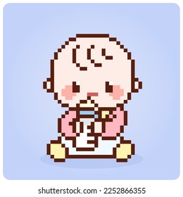 8-bit pixel baby is sitting and holding a pacifier. Cute baby vector illustration