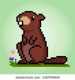 8-bit Pixel beaver. Animal for game assets in vector illustration.