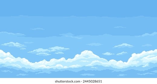 8bit pixel blue sky background with clouds, cloudy game landscape background. Vector heaven cloudscape, gaming level with retro pixelated 2d graphics, create a charming nostalgic natural atmosphere