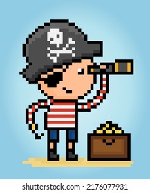 8-bit pixel children's pirates with treasure boxes in vector illustrations. Set Doodle cute creatures.