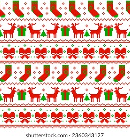 8bit pixel Christmas sweater pattern. Norwegian embroidery pixelated ornament, Christmas holiday traditional sweater knit with red socks, reindeer, gift box and bow square pixel vector pattern