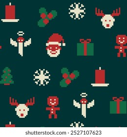 8bit pixel Christmas sweater pattern. Cute pixelated ornament, Christmas holiday traditional sweater knit with red socks, reindeer, gift box and bow square pixel vector pattern
