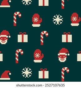 8bit pixel Christmas sweater pattern. Cute pixelated ornament, Christmas holiday traditional sweater knit with red socks, reindeer, gift box and bow square pixel vector pattern