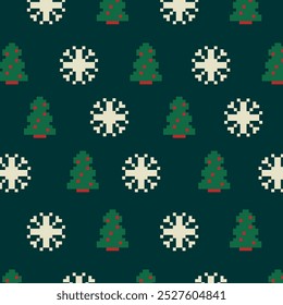 8bit pixel Christmas sweater pattern. Cute pixelated ornament, Christmas holiday traditional sweater knit with red socks, reindeer, gift box and bow square pixel vector pattern