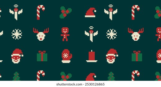 Patrón de suéter de Navidad de píxeles de 8 bits. Adorno pixelado lindo, suéter tradicional del día de fiesta de las Navidades hecho punto con los calcetines rojos, reno, caja de regalo y patrón cuadrado del Vector del pixel del lazo