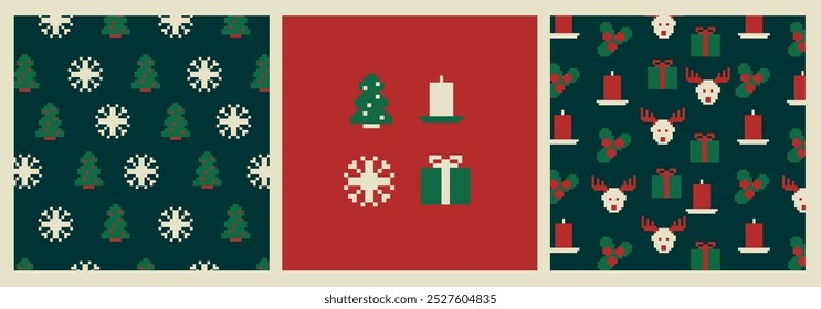 8bit pixel Christmas sweater patterns set. Cute pixelated ornament, Christmas holiday traditional sweater knit with red socks, reindeer, gift box and bow square pixel vector pattern