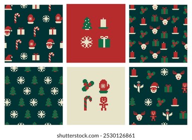 8bit pixel Christmas sweater patterns set. Cute pixelated ornament, Christmas holiday traditional sweater knit with red socks, reindeer, gift box and bow square pixel vector pattern