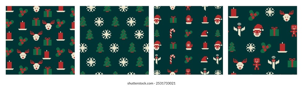 8bit pixel Christmas sweater patterns set. Cute pixelated ornament, Christmas holiday traditional sweater knit with red socks, reindeer, gift box and bow square pixel vector pattern