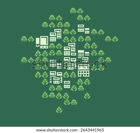 8-bit pixel city surrounded by forest, retro top-down pixel art landscape, top-down, minimalist retro landscape, old-school game environments, UI assets, or nostalgic digital projects.