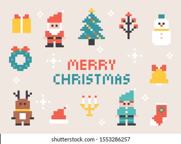 Juego de iconos de Navidad de concepto de píxeles de 8 bits. ilustración vectorial mínima de diseño plano.