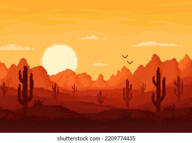 8bit Pixel Desert Landscape, Arcade Game Level Vector Background With Mountains And Sunset. 8 Bit Pixel Art Game Cartoon Landscape Of Arizona Or Texas Desert With Canyon Rocks, Cactus, Birds And Sun