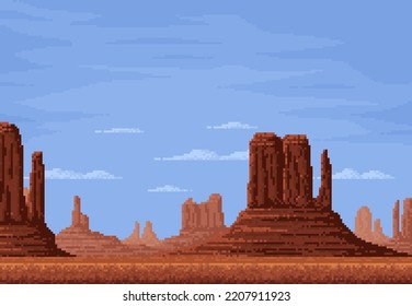 8bit Pixel Desert With Mountain Rocks, Game Landscape And Video Arcade Vector Background. 8 Bit Pixel Game Landscape Of Desert Valley With Canyon Rocks Or Stones Under Sky Clouds For Game Level Scene