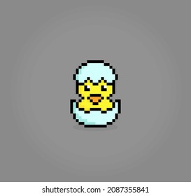 8-bit pixel duck hatches from eggs. Animal game assets in vector illustrations.