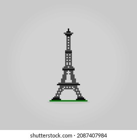 8-bit pixel eiffel tower image. Building in illustration of vector art of pixels. tower in france for game assets.