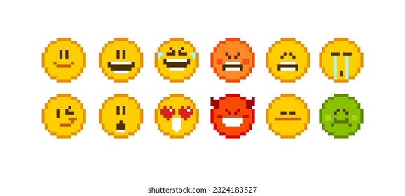 8-bit  Pixel emotions icons in retro video game style - isolated vector illustration. Funny Geek emoticons in flat style. Pixel art set of emoticon face icons in 8 bit video game style