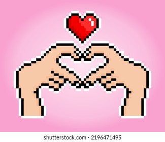 8-bit pixel of finger heart image. vector illustration of cross stitch pattern. Korean love sign for t-shirt design.