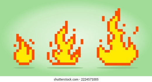 Fuego de píxeles de 8 bits para la imagen GUI. llama en imágenes de píxeles para juegos de activos en ilustraciones vectoriales.