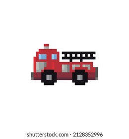 8-bit pixel fire truck image. Car in vector illustration of cross stitch pattern. Pixel Fire Truck illusration. Side view