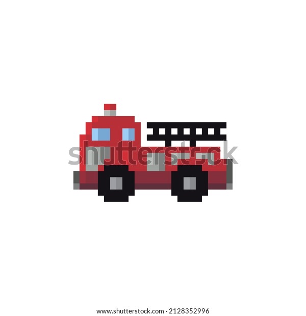 8-bit\
pixel fire truck image. Car in vector illustration of cross stitch\
pattern. Pixel Fire Truck illusration. Side\
view