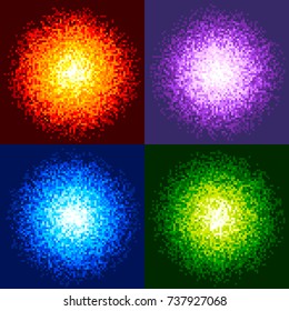 8-Bit Pixel Fireball Vector. Red, Purple, Blue And Green