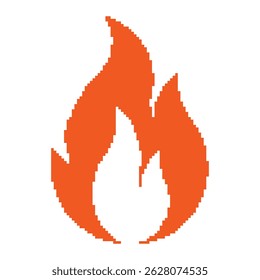 8-bit pixel flame vector icon. Retro fire symbol used in video games, danger signs, or digital design. Orange pixel art isolated on white background.