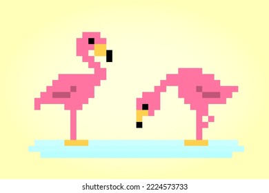 8-bit pixel flamingo. Birds on vector illustrations.