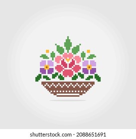 8-Bit Pixel Blumen auf dem Korb. Bouquet Blumen für Kreuzstich-Muster, in Vektorgrafiken.