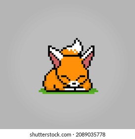 8-bit pixel of fox is sleeping. Animal in Vector illustration for cross stitch and game assets.